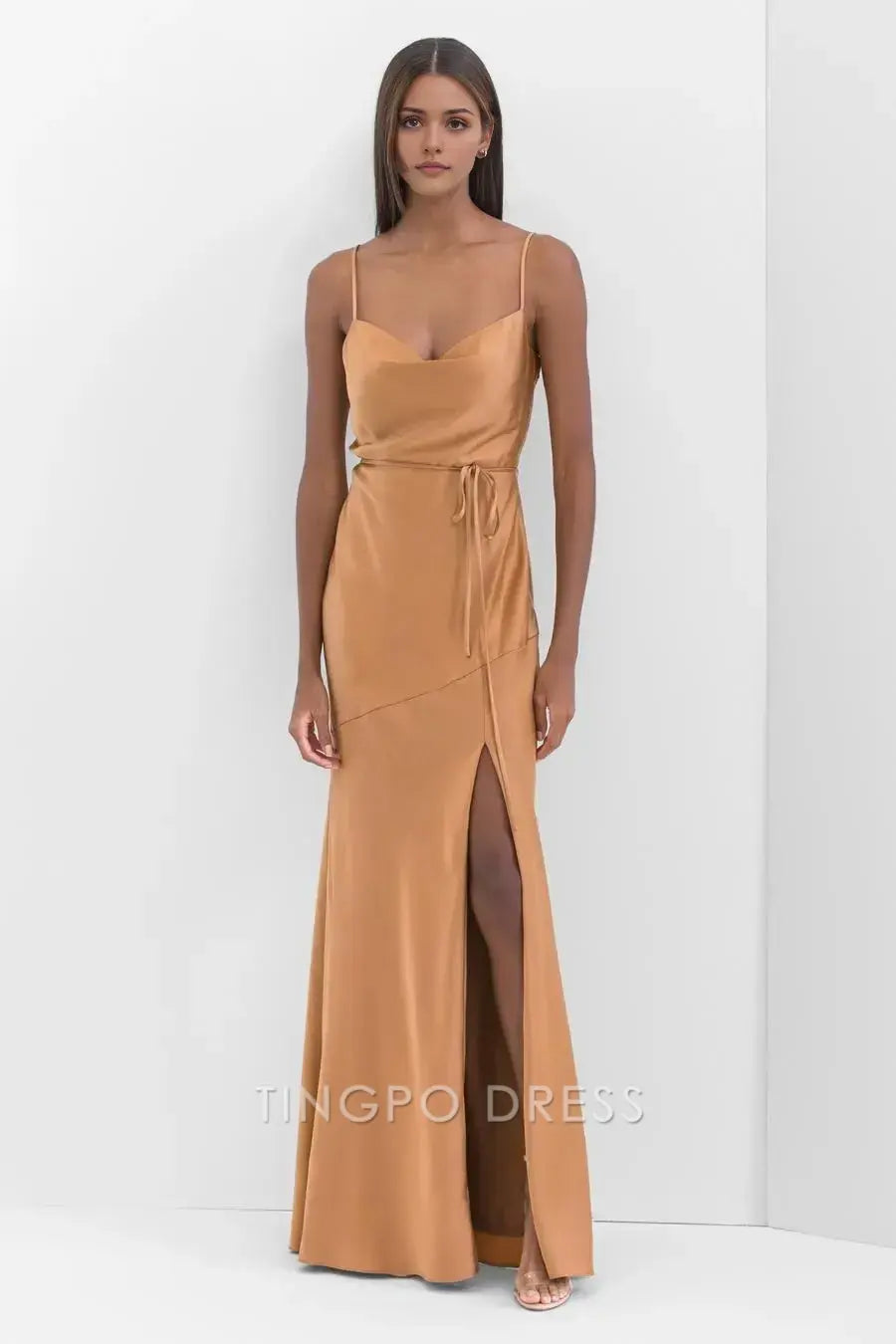 TingPo Wholesale Simple Solid Thin Strap Dress - Plain Design Thin Belt High Slit Beach Vacation Dress